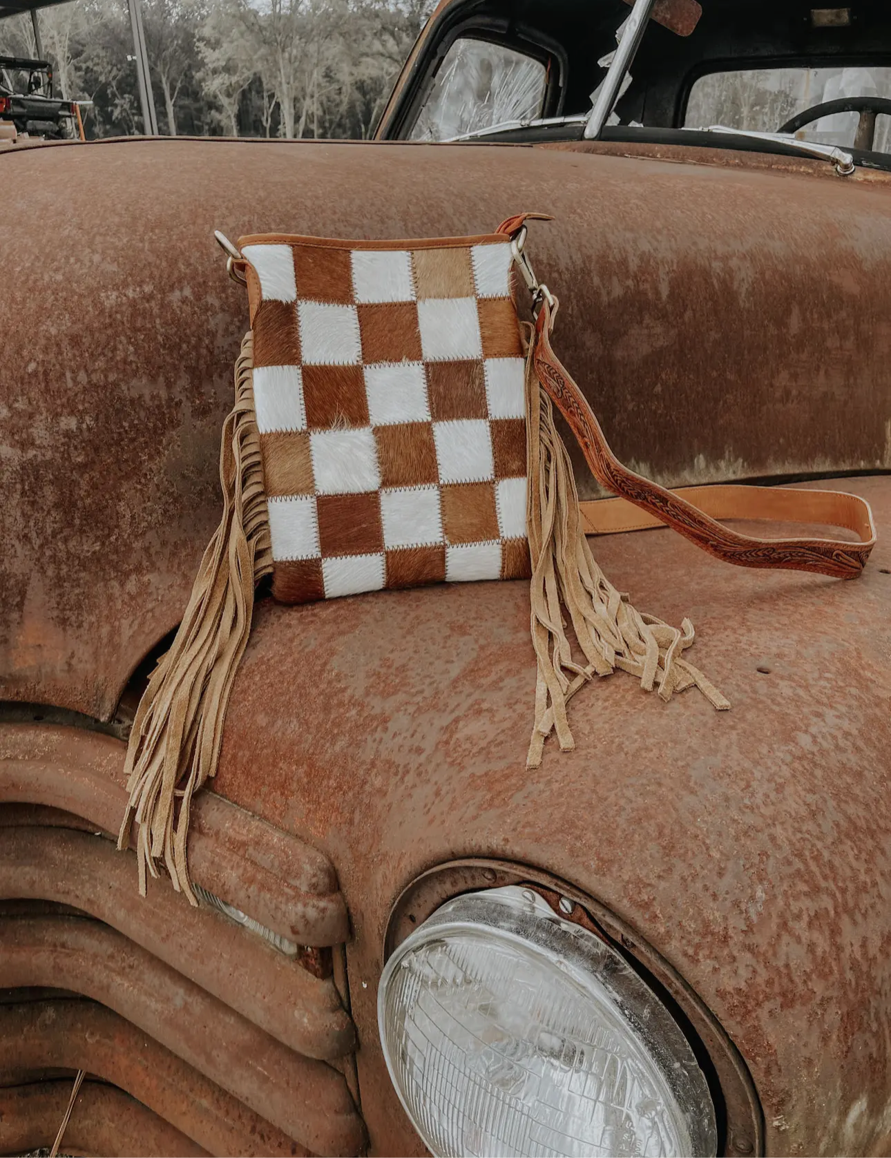Vintage Checkered Cowhide Crossbody